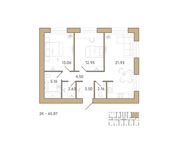 Квартира 66,5 м², 2-комнатная - изображение 1