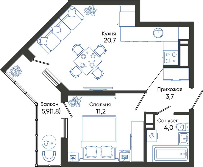 41,4 м², 1-комнатная квартира 7 706 610 ₽ - изображение 1