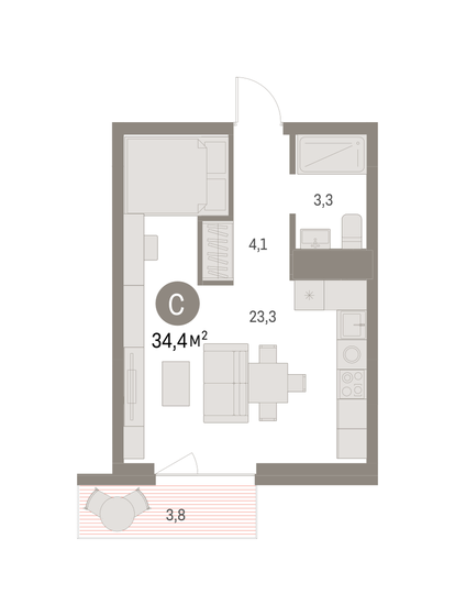34,4 м², квартира-студия 7 590 000 ₽ - изображение 19