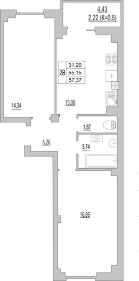 57,4 м², 2-комнатная квартира 4 589 542 ₽ - изображение 1