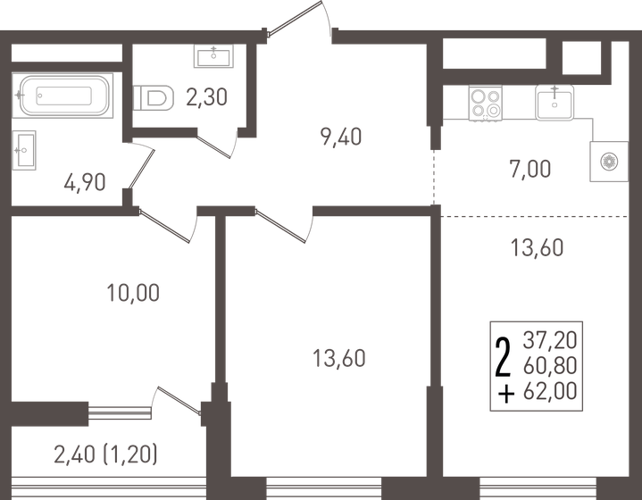62 м², 2-комнатная квартира 7 812 000 ₽ - изображение 1