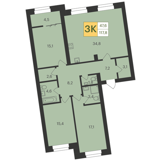 118,8 м², 3-комнатная квартира 14 850 000 ₽ - изображение 1