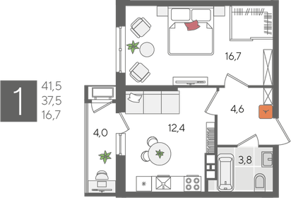 41,5 м², 1-комнатная квартира 10 171 650 ₽ - изображение 5