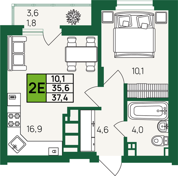 37,4 м², 1-комнатная квартира 4 376 396 ₽ - изображение 1