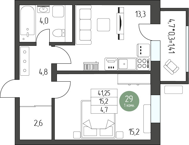 44,4 м², 1-комнатная квартира 5 940 000 ₽ - изображение 1