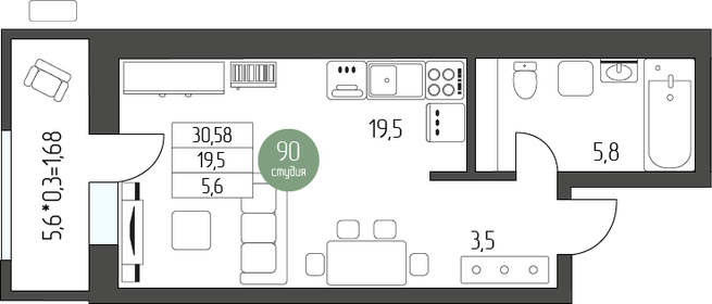 Квартира 34,5 м², студия - изображение 1