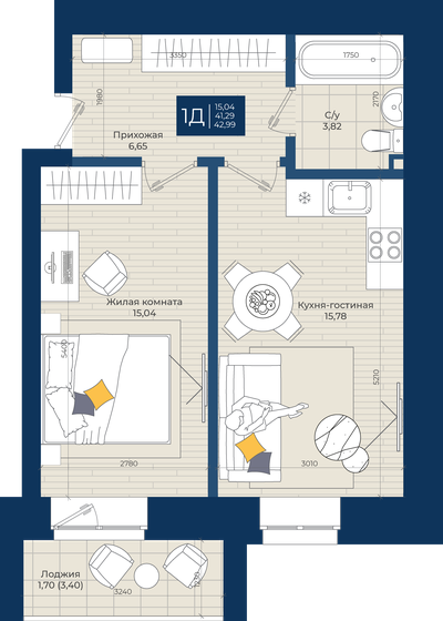 43,7 м², 1-комнатная квартира 5 331 400 ₽ - изображение 1