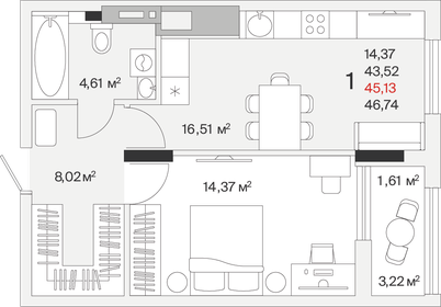 Квартира 45,1 м², 1-комнатная - изображение 1