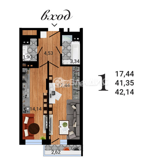 42,1 м², 1-комнатная квартира 4 172 000 ₽ - изображение 8