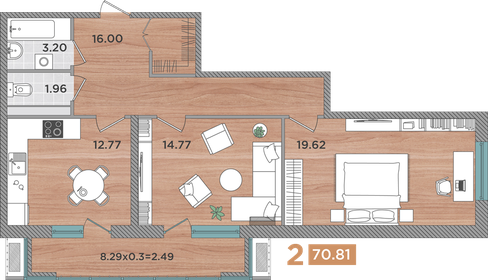 Квартира 70,8 м², 2-комнатная - изображение 1