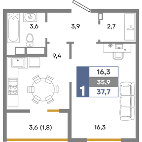 Квартира 37,7 м², 1-комнатная - изображение 1