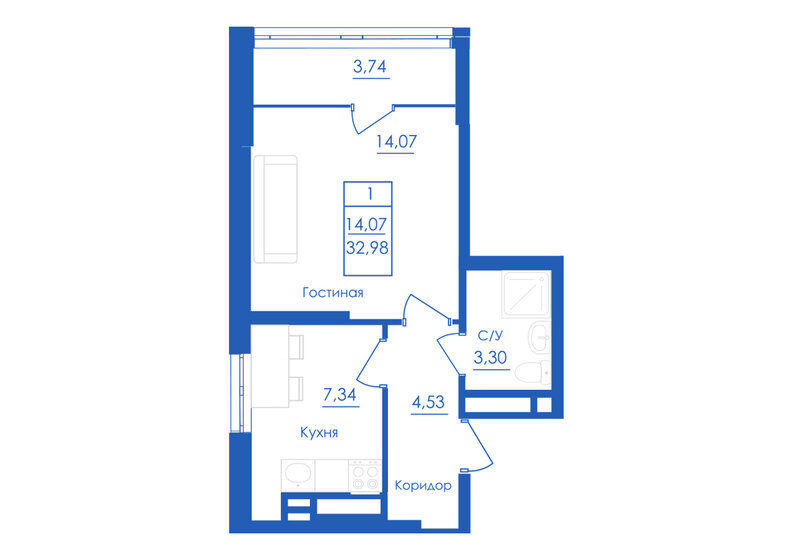 33 м², 1-комнатная квартира 3 804 753 ₽ - изображение 1