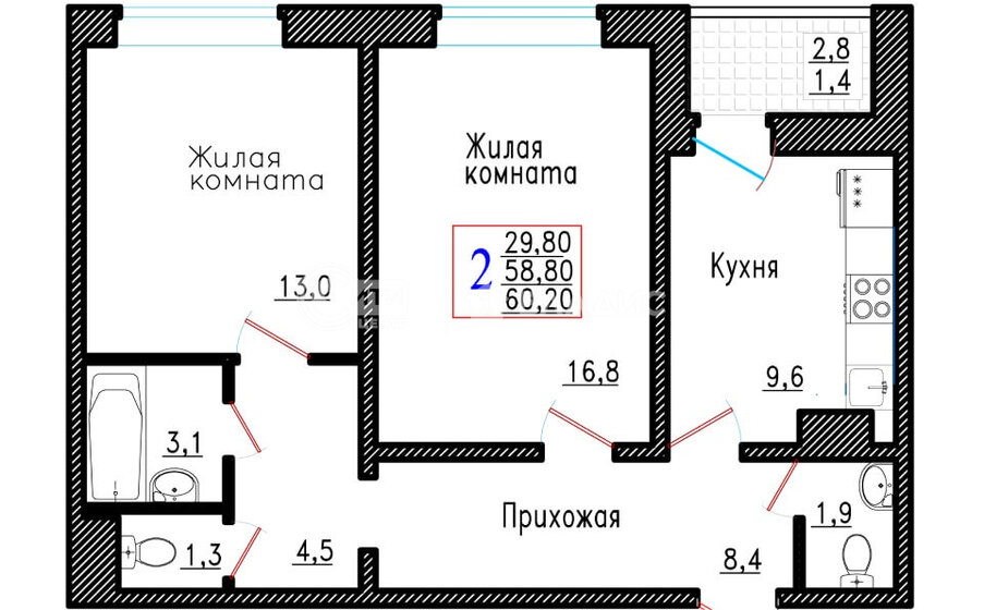 60,2 м², 2-комнатная квартира 4 685 400 ₽ - изображение 8