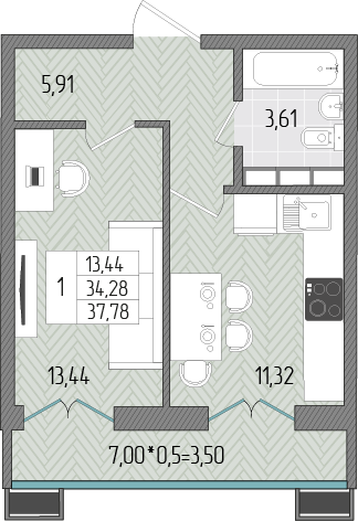37,8 м², 1-комнатная квартира 4 495 820 ₽ - изображение 1