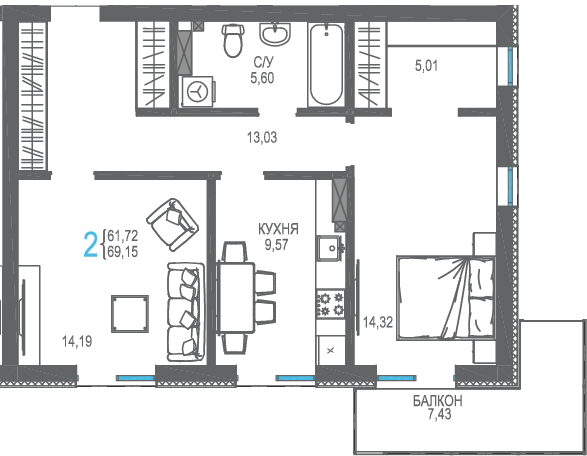 69,2 м², 2-комнатная квартира 11 409 750 ₽ - изображение 1