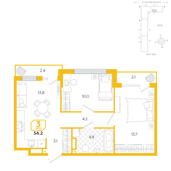 54,2 м², 3-комнатная квартира 8 170 000 ₽ - изображение 1