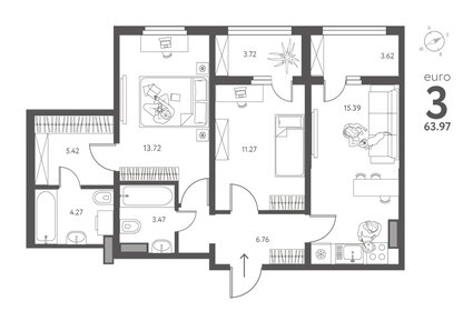 Квартира 64 м², 2-комнатная - изображение 1