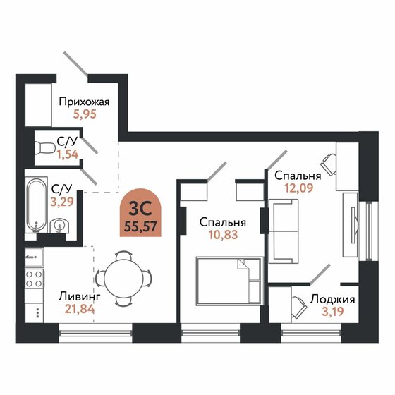 55,6 м², 3-комнатная квартира 7 728 368 ₽ - изображение 1
