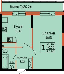 Квартира 42,9 м², 1-комнатная - изображение 1