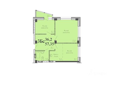 Квартира 57,4 м², 3-комнатная - изображение 1