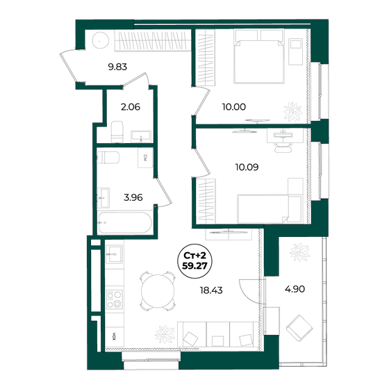 59,3 м², 2-комнатная квартира 7 290 000 ₽ - изображение 10