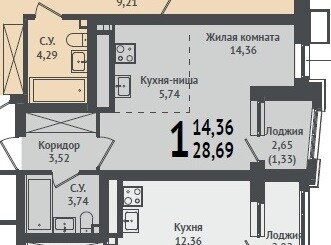 30,7 м², 1-комнатная квартира 5 655 136 ₽ - изображение 1