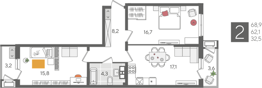 68,9 м², 2-комнатная квартира 12 408 890 ₽ - изображение 19