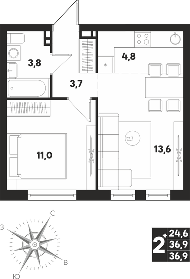 36,9 м², 2-комнатная квартира 5 147 550 ₽ - изображение 13