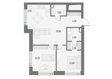 Квартира 62,1 м², 2-комнатная - изображение 1