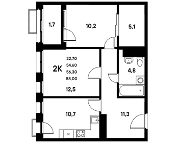 Квартира 56,7 м², 2-комнатная - изображение 1