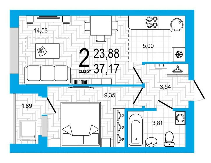 37,2 м², 2-комнатная квартира 5 538 330 ₽ - изображение 1