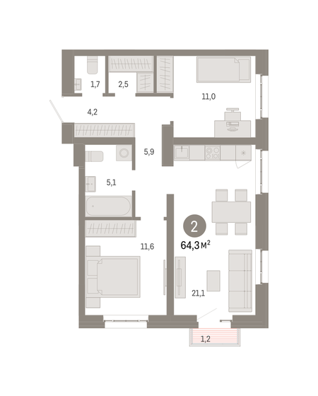 64,3 м², 2-комнатная квартира 19 980 000 ₽ - изображение 1