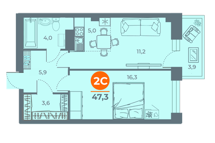 55 м², 2-комнатная квартира 6 500 000 ₽ - изображение 1