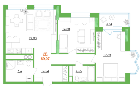 Квартира 89,1 м², 2-комнатная - изображение 1