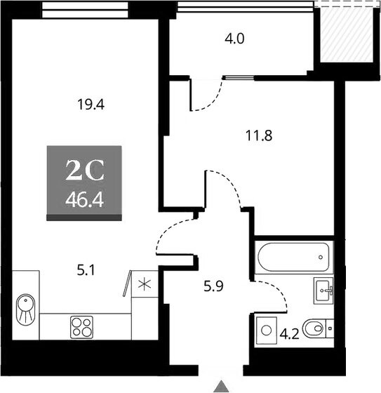 46,4 м², 2-комнатная квартира 8 200 000 ₽ - изображение 1