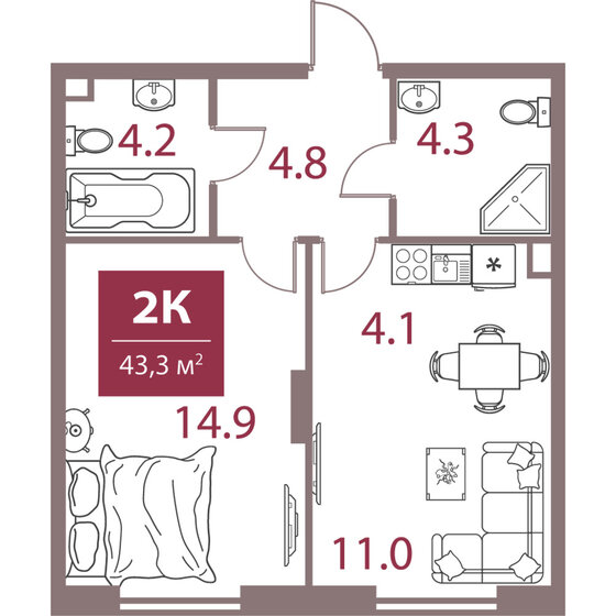 43,3 м², 2-комнатная квартира 26 876 310 ₽ - изображение 1