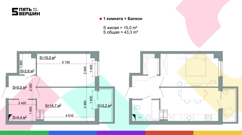 43,3 м², 1-комнатная квартира 5 493 038 ₽ - изображение 1
