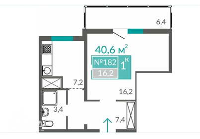 Квартира 40,6 м², 1-комнатные - изображение 1