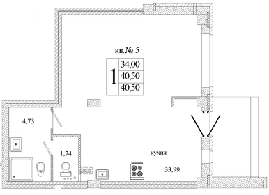 Квартира 40,5 м², 1-комнатная - изображение 1