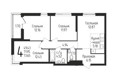 76 м², 4-комнатная квартира 8 800 000 ₽ - изображение 71