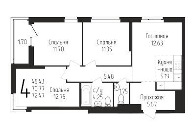 Квартира 72,5 м², 4-комнатная - изображение 1