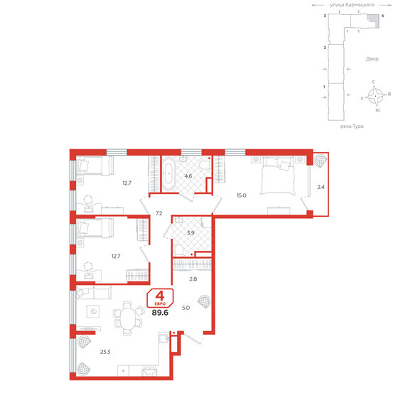 89,6 м², 4-комнатная квартира 12 230 000 ₽ - изображение 1