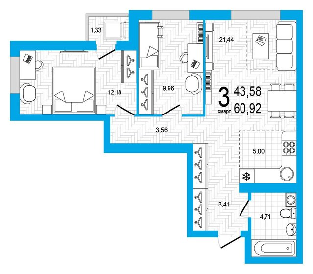 60,9 м², 3-комнатная квартира 6 853 500 ₽ - изображение 1