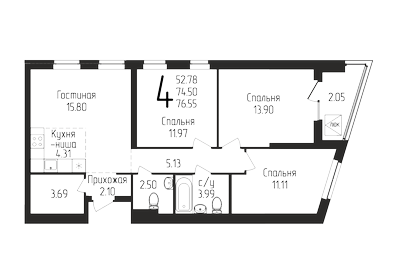 Квартира 76,6 м², 4-комнатная - изображение 1