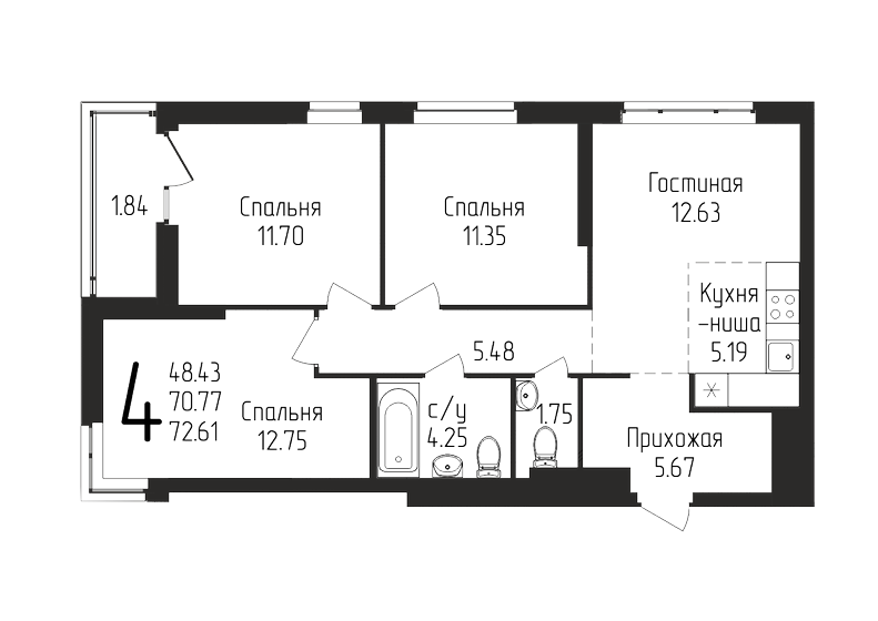 72,6 м², 4-комнатная квартира 9 797 267 ₽ - изображение 1