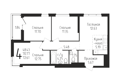 Квартира 72,6 м², 4-комнатная - изображение 1