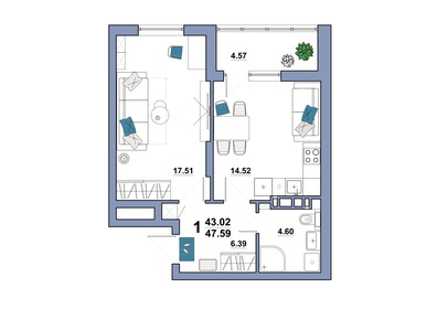 Квартира 47,6 м², 1-комнатная - изображение 1