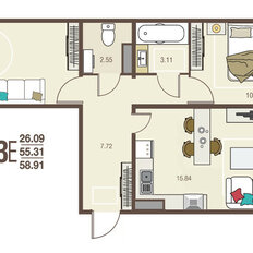 Квартира 58,9 м², 2-комнатная - изображение 1