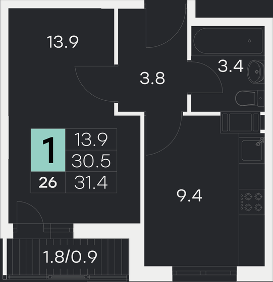 31,4 м², 1-комнатная квартира 4 336 340 ₽ - изображение 1