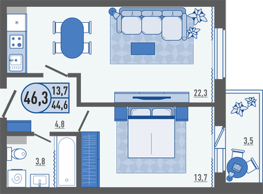 Квартира 46,3 м², 1-комнатная - изображение 1